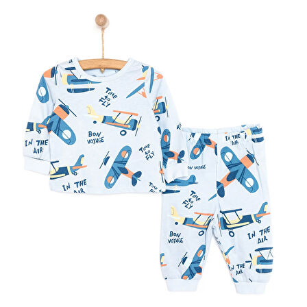 HelloBaby Uzun Kol Uçak Desenli Bisiklet Yaka Pijama Takımı