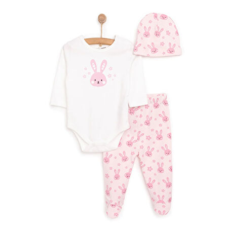 HelloBaby Çiçek Baskılı Yenidoğan Kız Body-Patikli Alt-Şapka Kız Bebek