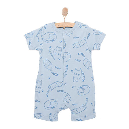 Bebetto Yenidoğan Unisex Bebek Kısa Tulum İnterlok Organic Sleepy Cat İndigo