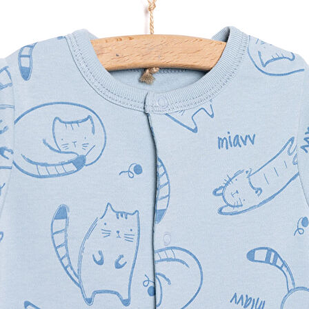 Bebetto Yenidoğan Unisex Bebek Kısa Tulum İnterlok Organic Sleepy Cat İndigo