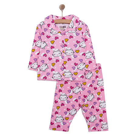 HelloBaby Kız Kedi Desenli Gömlek Yaka Pijama Takımı