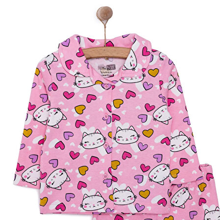 HelloBaby Kız Kedi Desenli Gömlek Yaka Pijama Takımı