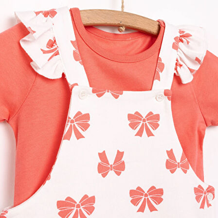 HelloBaby Kız Bebek Basic Şort Salopet-Tişört 2li Takım Bisiklet Yaka Reçme Paça Kısa Kol Ekru