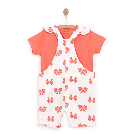 HelloBaby Kız Bebek Basic Şort Salopet-Tişört 2li Takım Bisiklet Yaka Reçme Paça Kısa Kol Ekru