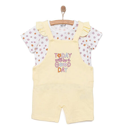 HelloBaby Kız Bebek Basic Şort Salopet-Tişört 2li Takım Good Day Desenli Bisiklet Yaka Reçme Paça Kısa Kol Sarı