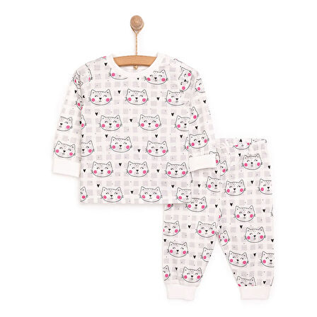 HelloBaby Kız Kedi Desenli Uzun Kol Pijama Takımı