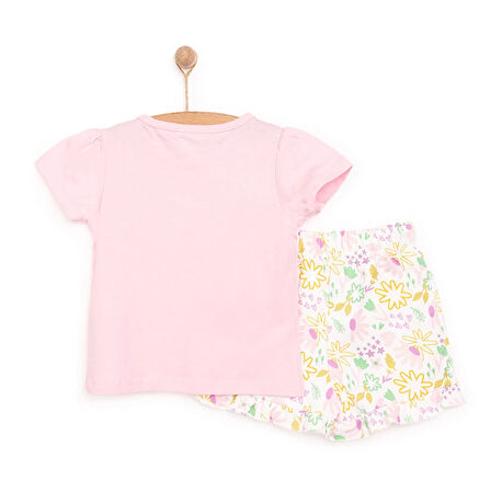 HelloBaby Kız Bebek Basic Tişört-Şort 2li Takım Be Happy Desenli Bisiklet Yaka Reçme Paça Kısa Kol Açık Pembe