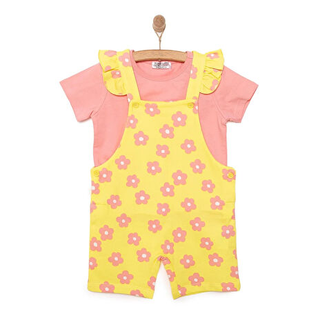 HelloBaby Kız Bebek Basic Şort Salopet-Tişört 2li Takım Çiçek Desenli Bisiklet Yaka Reçme Paça Kısa Kol Somon