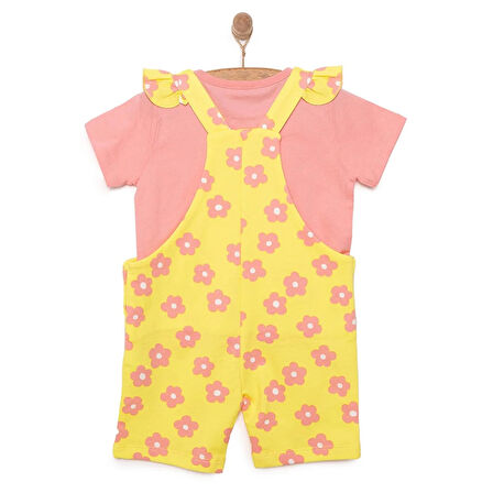 HelloBaby Kız Bebek Basic Şort Salopet-Tişört 2li Takım Çiçek Desenli Bisiklet Yaka Reçme Paça Kısa Kol Somon
