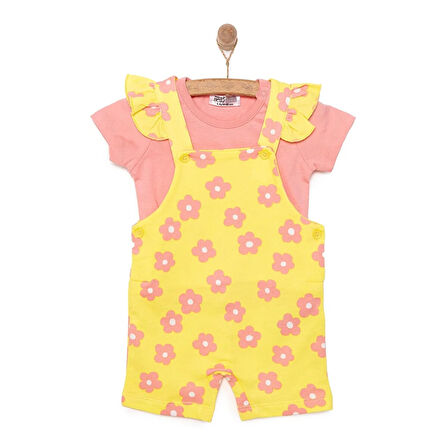 HelloBaby Kız Bebek Basic Şort Salopet-Tişört 2li Takım Çiçek Desenli Bisiklet Yaka Reçme Paça Kısa Kol Somon