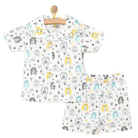 HelloBaby Erkek Bebek Pijama Takım Düğmeli Kapüşonlu Yaka Kısa Kol