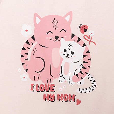HelloBaby Kız Bebek Basic Tişört-Şort 2li Takım Kedi Desenli Bisiklet Yaka Reçme Paça Atlet Kol Somon