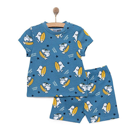 HelloBaby Kısa Kol Köpek Balığı Desenli Bisiklet Yaka Pijama Takımı Erkek Bebek
