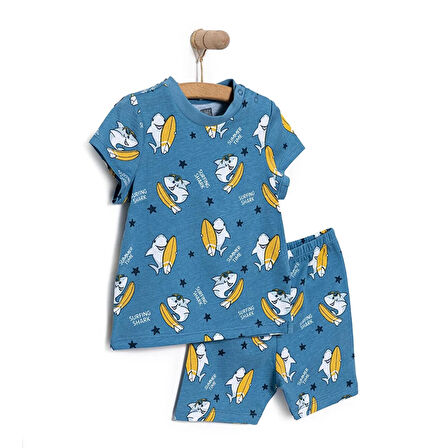HelloBaby Kısa Kol Köpek Balığı Desenli Bisiklet Yaka Pijama Takımı Erkek Bebek