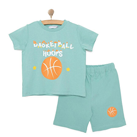 HelloBaby Erkek Bebek Basic Tişört-Şort 2li Takım Basketbol Desenli Bisiklet Yaka Reçme Paça Kısa Kol Yeşil