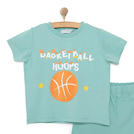 HelloBaby Erkek Bebek Basic Tişört-Şort 2li Takım Basketbol Desenli Bisiklet Yaka Reçme Paça Kısa Kol Yeşil