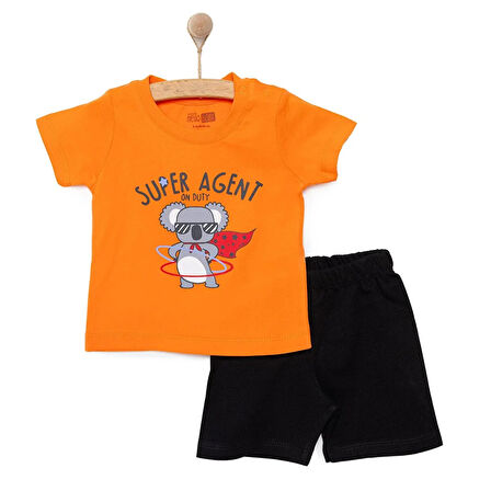 HelloBaby Erkek Bebek Basic Tişört-Şort 2li Takım Koala Desenli Bisiklet Yaka Reçme Paça Kısa Kol Turuncu