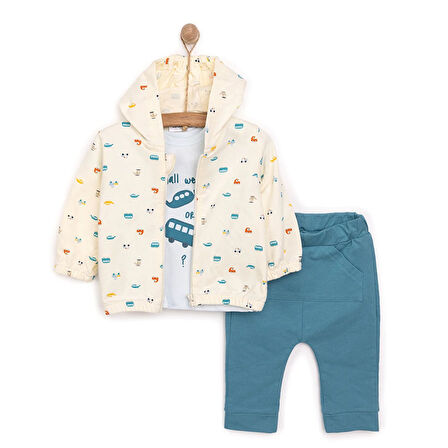 Bebetto Yenidoğan Sürprise Travel Sweatshirt-Kapüşonlu Hırka-Alt 3lü Takım Erkek Bebek