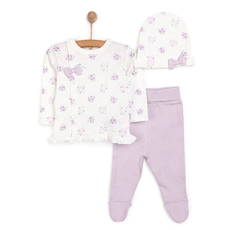Bebetto Yenidoğan Flowers Zıbın-Şapka-Patikli Alt 3lü Set Kız Bebek