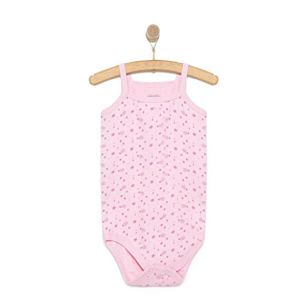 HelloBaby Kız Bebek Zıbın Çiçekli İp Askılı Body Ribana Kumaş Çıtçıtlı İp Askılı Kol Pembe