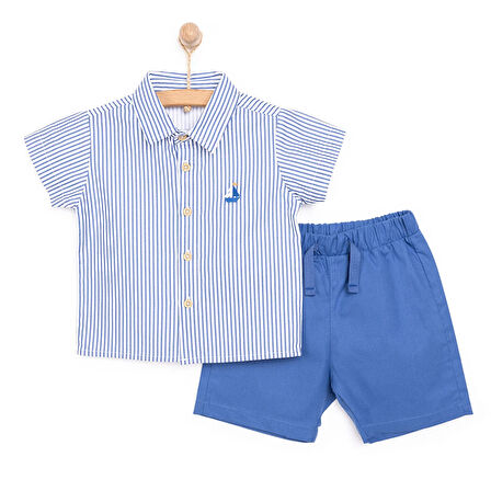 HelloBaby Erkek Bebek Gömlek-Şort 2li Takım Little Sailor Modelli Yaka Reçme Paça Kısa Kol Mavi