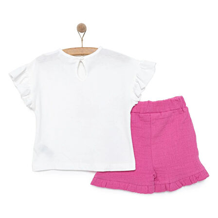 HelloBaby Kız Bebek Tişört-Şort 2li Takım Little Blooms Bisiklet Yaka Reçme Paça Kısa Kol Ekru