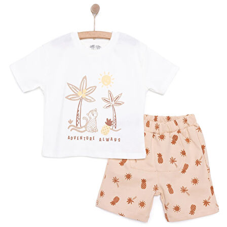 HelloBaby Erkek Bebek Tişört-Şort 2li Takım Tropic Summer Bisiklet Yaka Reçme Paça Kısa Kol Ekru