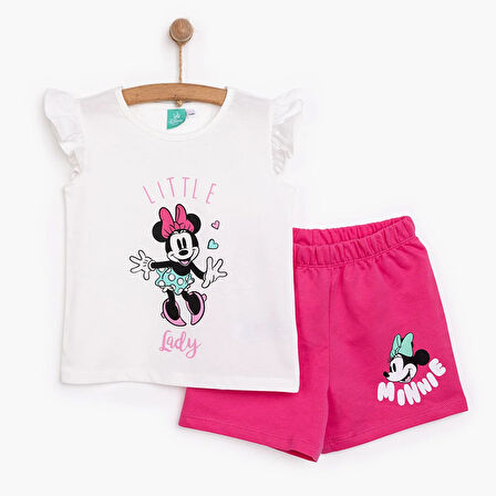 Disney Kız Bebek Tişört-Şort 2li Takım Minnie Mouse Bisiklet Yaka Reçme Paça Atlet Kol Beyaz