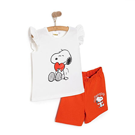 Snooze baby Kız Bebek Tişört-Şort 2li Takım Snoopy Bisiklet Yaka Reçme Paça Atlet Kol Beyaz