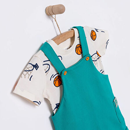 HelloBaby Erkek Bebek Salopet-Tişört 2li Takım Varsity Bisiklet Yaka Reçme Paça Uzun Kol Yeşil