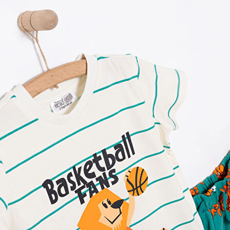 HelloBaby Erkek Bebek Tişört-Şort 2li Takım Varsity Bisiklet Yaka Reçme Paça Kısa Kol Ekru