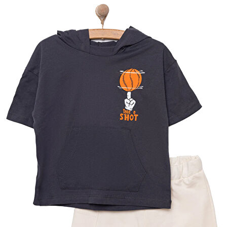 HelloBaby Erkek Bebek Tişört-Şort 2li Takım Varsity Modelli Yaka Reçme Paça Kısa Kol Antrasit