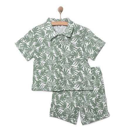 HelloBaby Erkek Bebek Gömlek-Şort 2li Takım Müslin Tropic Summer Modelli Yaka Reçme Paça Kısa Kol Ekru