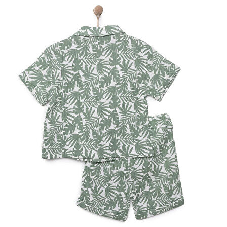 HelloBaby Erkek Bebek Gömlek-Şort 2li Takım Müslin Tropic Summer Modelli Yaka Reçme Paça Kısa Kol Ekru