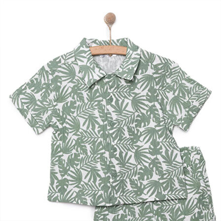 HelloBaby Erkek Bebek Gömlek-Şort 2li Takım Müslin Tropic Summer Modelli Yaka Reçme Paça Kısa Kol Ekru