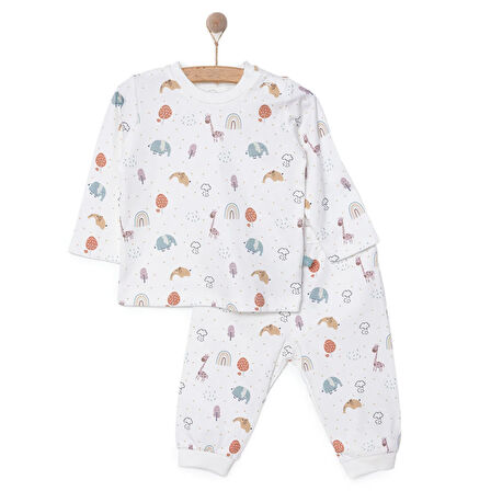 Pambuliq Erkek Bebek Pijama Takımı İnterlok Bisiklet Yaka Reçme Paça Uzun Kol Beyaz