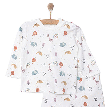 Pambuliq Erkek Bebek Pijama Takımı İnterlok Bisiklet Yaka Reçme Paça Uzun Kol Beyaz