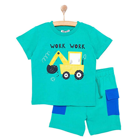 HelloBaby Erkek Bebek Tişört-Şort 2li Takım Cars&Roads Bisiklet Yaka Reçme Paça Kısa Kol Yeşil
