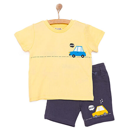 HelloBaby Erkek Bebek Tişört-Şort 2li Takım Cars&Roads Bisiklet Yaka Reçme Paça Kısa Kol Açık Sarı