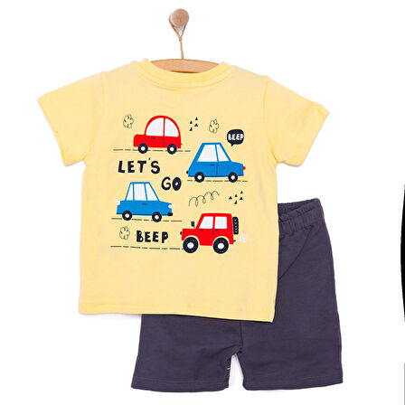 HelloBaby Erkek Bebek Tişört-Şort 2li Takım Cars&Roads Bisiklet Yaka Reçme Paça Kısa Kol Açık Sarı