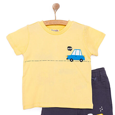 HelloBaby Erkek Bebek Tişört-Şort 2li Takım Cars&Roads Bisiklet Yaka Reçme Paça Kısa Kol Açık Sarı