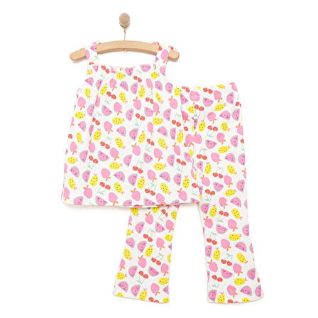 HelloBaby Kız Bebek Bluz-Tayt 2li Takım Soft Colorful Modelli Yaka Reçme Paça Atlet Kol Ekru