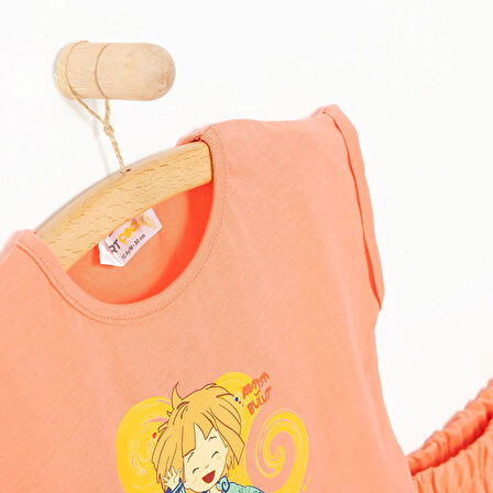 Maysa ve Bulut Kız Bebek Tişört-Şort 2li Takım Bisiklet Yaka Reçme Paça Kısa Kol Turuncu