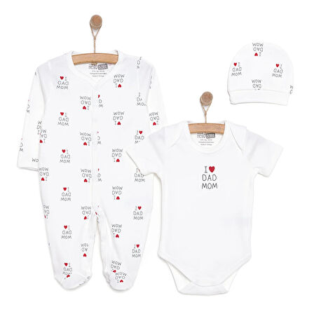 HelloBaby Yenidoğan Unisex Bebek Tulum-Body-Bere 3lü Takım İnterlok Çıtçıtlı Yaka Uzun Kol Ekru