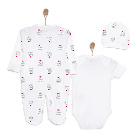 HelloBaby Yenidoğan Unisex Bebek Tulum-Body-Bere 3lü Takım İnterlok Çıtçıtlı Yaka Uzun Kol Ekru