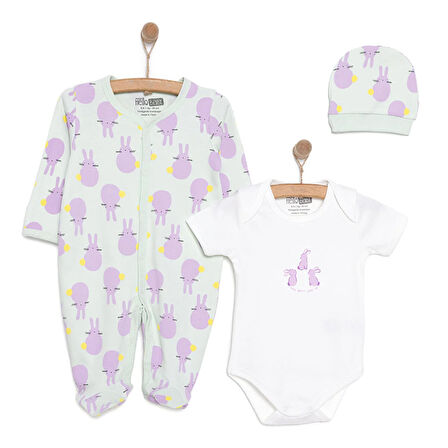 HelloBaby Yenidoğan Bebek Mor TavşanTulum-Body-Şapka 3lü Set Unisex