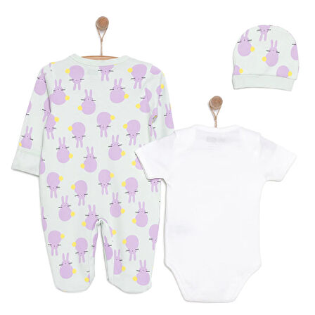 HelloBaby Yenidoğan Bebek Mor TavşanTulum-Body-Şapka 3lü Set Unisex