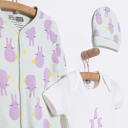 HelloBaby Yenidoğan Bebek Mor TavşanTulum-Body-Şapka 3lü Set Unisex