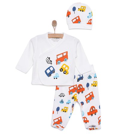 HelloBaby Yenidoğan Erkek Bebek Zıbın-Bere-Patikli Alt 3lü Takım İnterlok Araçlar Desenli Çıtçıtlı Yaka Uzun Kol Ekru