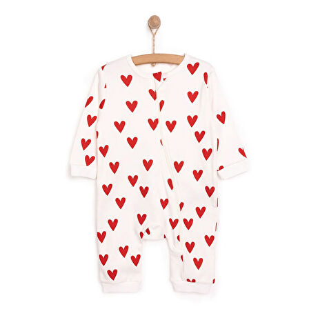 HelloBaby Kız  Kırmızı Kalp Desenli  Fermuarlı Patiksiz Tulum Kız Bebek